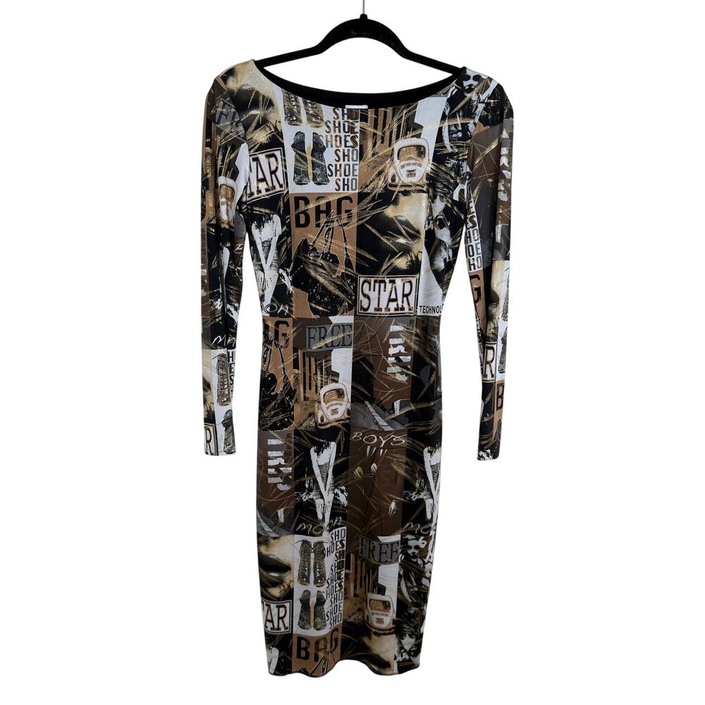 Vintage Cache Y2K Graphic Print Bodycon Dress | Gold Foil | XS | Made in USA